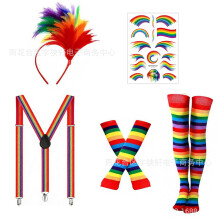 (A) Rainbow Tutu Skirt Feather Headband Striped Sock Set Party Performance Cosplay Costume Accessories