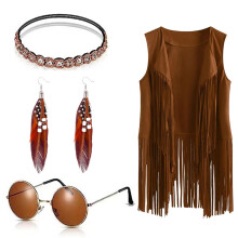 (A) 1960s Hippie Fringe Vest & Feather Earrings Retro Carnival Costume Set