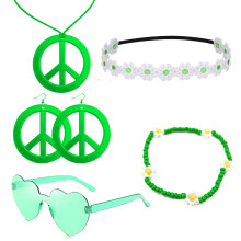 (Green Series) 60s Hippie Halloween Set: Carnival Headband Glasses & Anti-War Necklace 5-Piece Kit