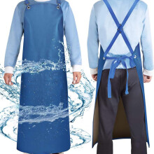 (Blue) PU Leather Logo Apron, Kitchen Workwear, Adult Perforated Black Coat, Waterproof & Oil-Proof Suit