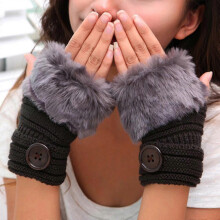 (Dark Grey) Womens Winter Faux Fur Wristed Fingerless Gloves Arm Warmer Mittens