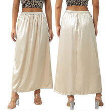 (Champagne, XL) Half Slip Lace Long Elastic Waist Underskirt Women's Satin Half Slips