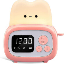(Pink) Cute Timer Clock Toaster Lamp USB Charging Bedside Night Light LED Digital Table Clock Alarm