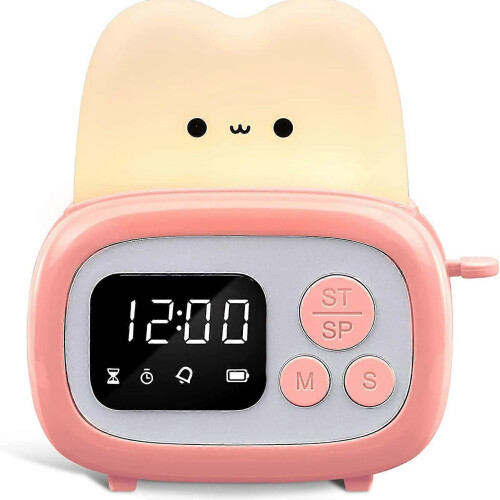 (Pink) Cute Timer Clock Toaster Lamp USB Charging Bedside Night Light LED Digital Table Clock Alarm