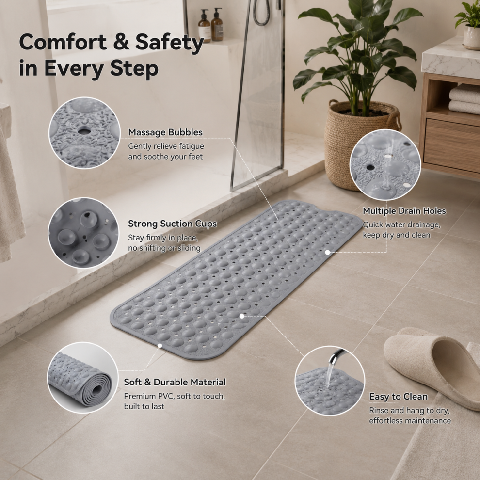 Imperial Rooms (40 X 100 Cm, Shower/Bath Mat) Bath Tub Shower Mats Non Slip Large Strong Suction Grey