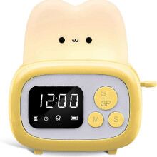 (Yellow) Cute Timer Clock Toaster Lamp USB Charging Bedside Night Light LED Digital Table Clock Alarm