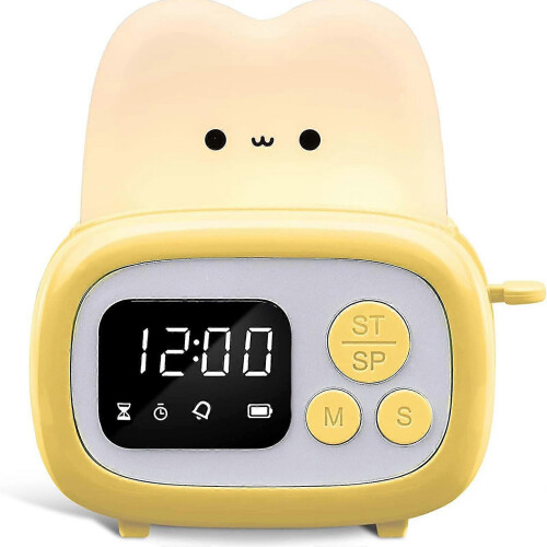 (Yellow) Cute Timer Clock Toaster Lamp USB Charging Bedside Night Light LED Digital Table Clock Alarm