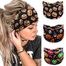 Set di 3 fasce elastiche larghe annodate con stampa di teschi per Halloween. Accessori per capelli.