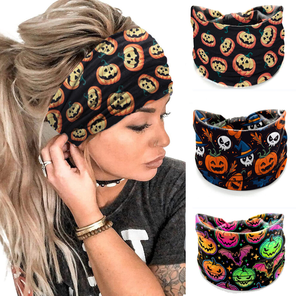 Halloween Skull Printed Elastic Wide Knotted Headband 3pcs Hair Accessories