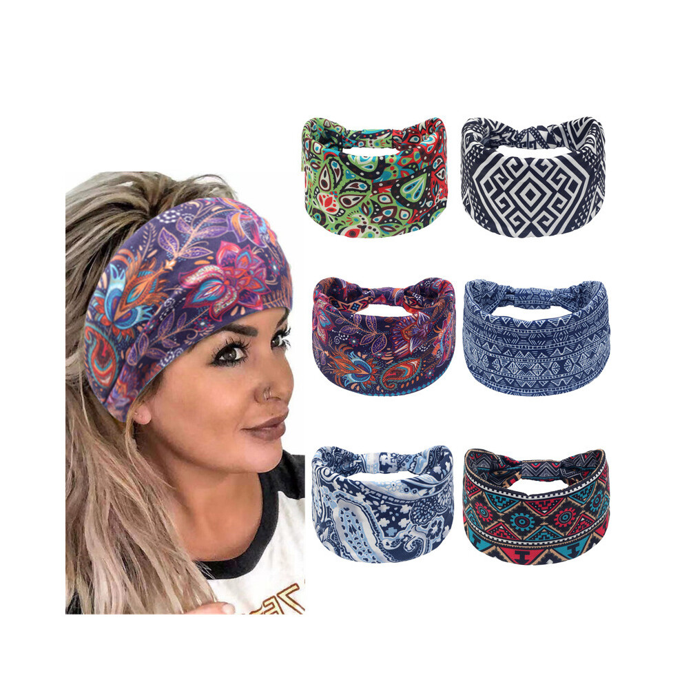 Women's 6Pcs Printed Wide Brim Sports Headband Sweat-Absorbing Yoga Scarf Set