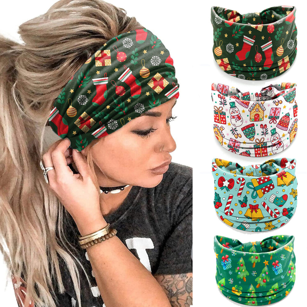 Christmas Printed Wide Headbands 4-Pack â Breathable Elastic Sports Yoga Headbands