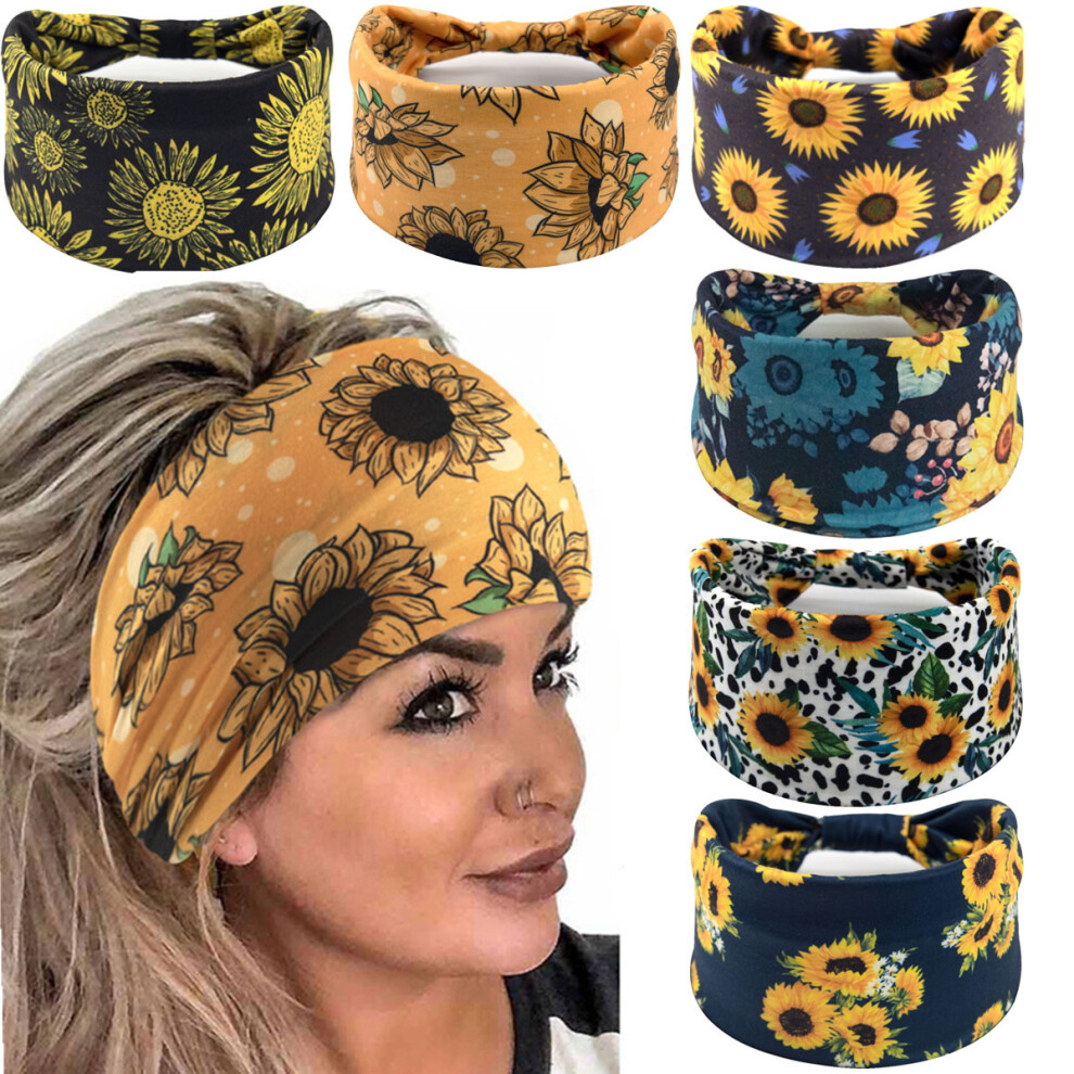 Sunflower Print Wide Elastic Sports Headband Set 6pcs Knotted Flower Hair Bands