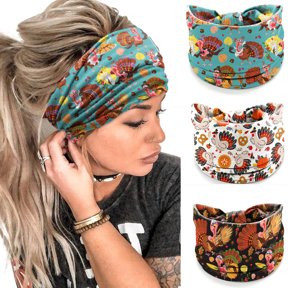 Thanksgiving Turkey Print Headband Set Elastic Wide Knot Sports Hair Accessories 3pcs
