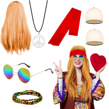 1970s Retro Hippie Wig Set with Peace Necklace, Sunglasses, Bracelet, Hair Net & Tie-Dye Headband
