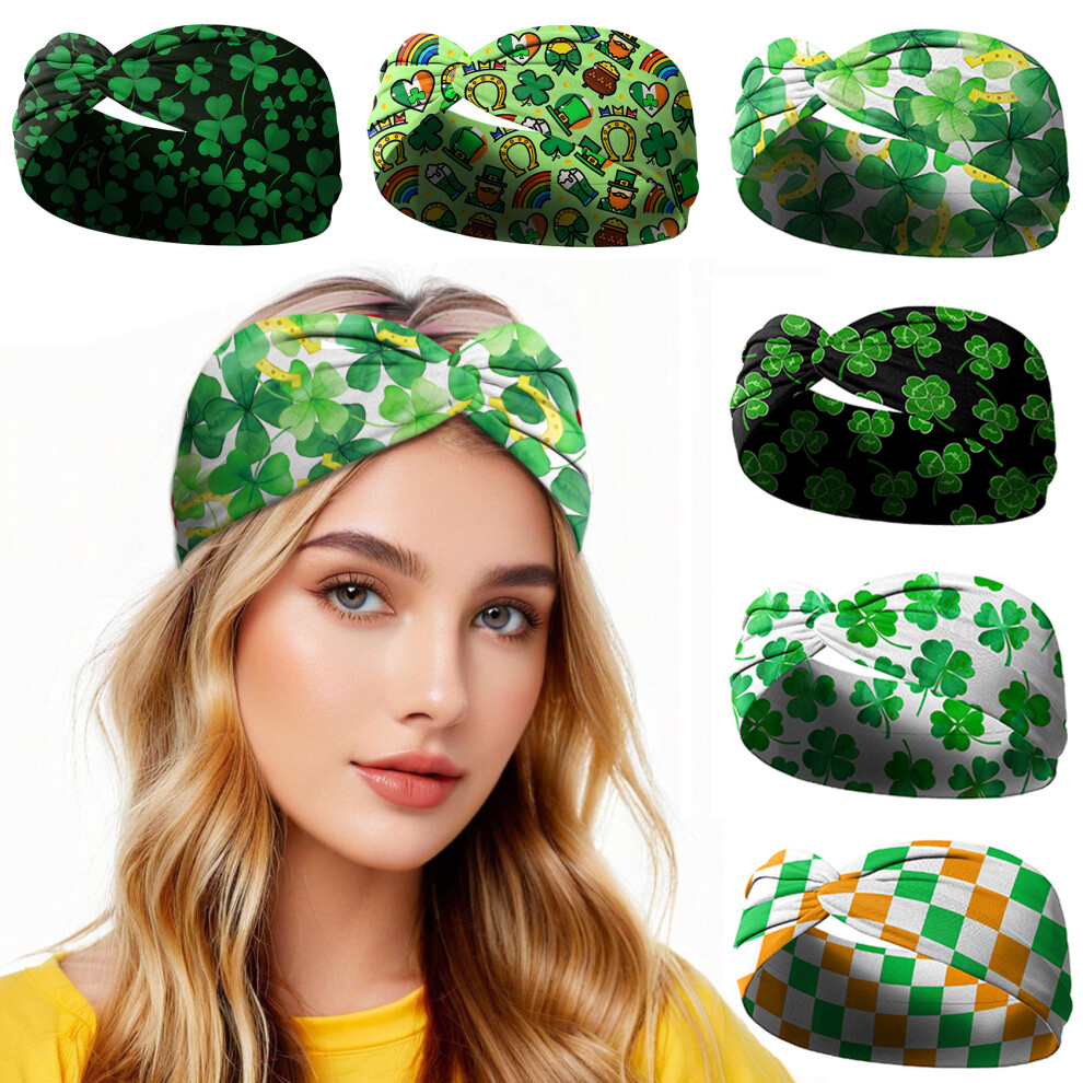 St. Patrick's Day Elastic Headbands 6-Pack â Irish Clover Print Cross Sports Yoga Hair Accessories