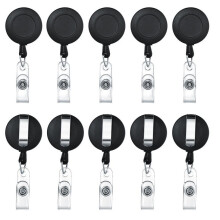 Black Matte Rounded Leather ID Badge Reel Retractable Clip Set 10pcs