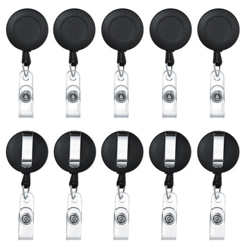 Black Matte Rounded Leather ID Badge Reel Retractable Clip Set 10pcs