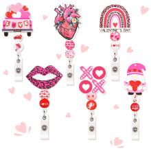 Valentine's Rotating Crocodile Clip Bead Badge Reel Retractable Keychain Set:6pcs