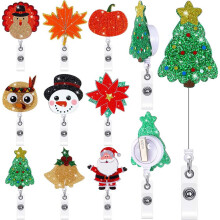 Christmas Glitter Snowman Acrylic Bell Stretch Clip ID Badge Reel 10pcs