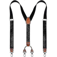 (Black) Mens Y-shaped Wide Heavy Duty Suspenders With 4 Metal Clips Adjustable Elastic Straps