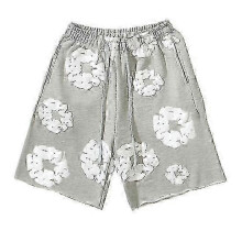 (grey, M) Summer Men Shorts Flower Print Drawstring Elastic Waist Loose Pockets Pleated Vacation Beach Sport Casual Homewear Short Pants