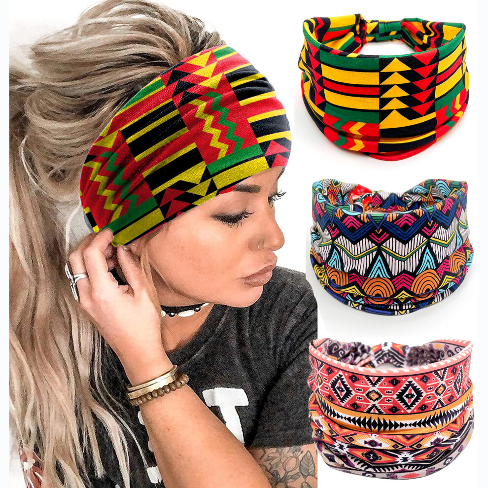 Bohemian Printed Headwraps Elastic Yoga Headbands Wide Hair Accessories 3-Piece Set