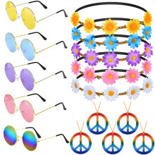 60s Hippie Flower Crown Glasses & Fuchsia Peace Necklace 15-Piece Carnival Costume Set