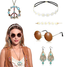 70s Retro Hippie Party Kit: Bohemian Earrings, Necklace, Glasses & Headband for Women