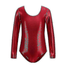 (Red, 160CM) Girls Long Sleeve Shiny Dance Gymnastic Leotards Bodysuit