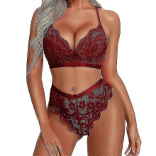 (Wine Red, 2XL) Women Lace Lingerie Set Push Up Bra Bralette Panties Knickers Nightwear Underwear