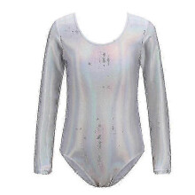 (White, 160CM) Girls Long Sleeve Shiny Dance Gymnastic Leotards Bodysuit