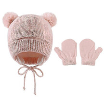 (Pink) Guoguo Newborn Baby Winter Earflap Hat With Mittens Set Warm Fleece Knit Pompom Beanie Cap Thick Gloves For Kids Unisex Boys Girls
