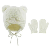 (White) Guoguo Newborn Baby Winter Earflap Hat With Mittens Set Warm Fleece Knit Pompom Beanie Cap Thick Gloves For Kids Unisex Boys Girls