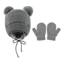 (Grey) Guoguo Newborn Baby Winter Earflap Hat With Mittens Set Warm Fleece Knit Pompom Beanie Cap Thick Gloves For Kids Unisex Boys Girls