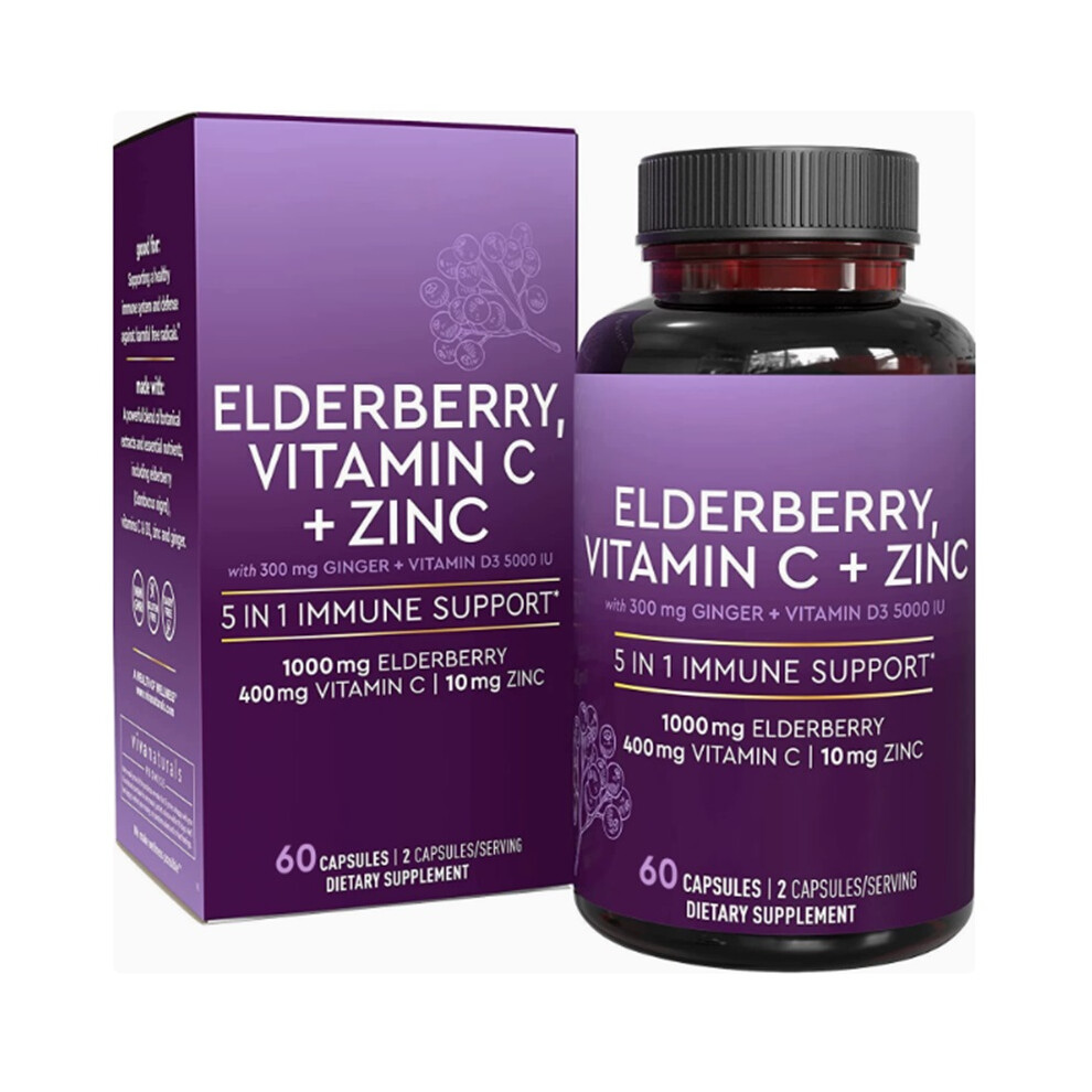(2Pcs) 1000mg Elderberry+Vitamin C,Zinc,VitaminD3 & Ginger & Immune Support 60 Capsules