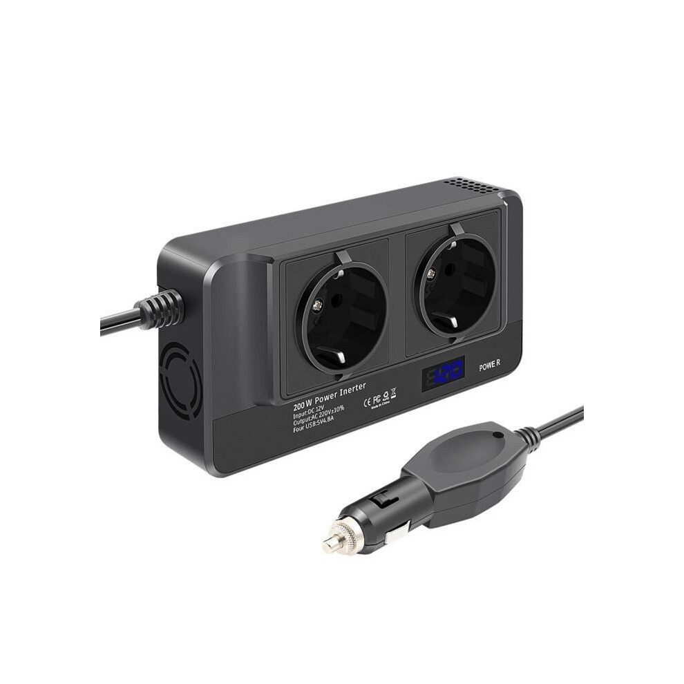 200W Car Power Inverter, 12V To 220V Voltage Converter With Smart Lcd Time Display, 2 Outlets And 4 Chargers 9301941300091