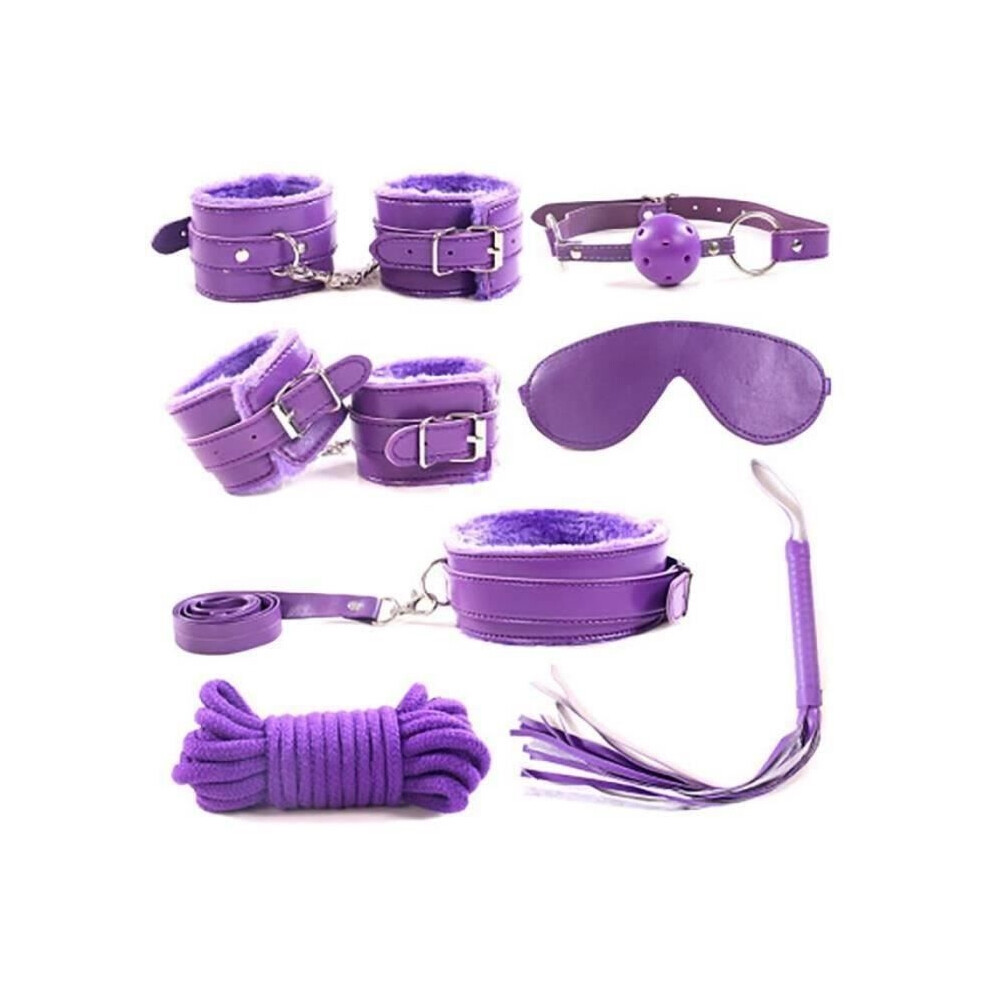 Aihontai Purple 7-Piece Adult Bondage Sex Kit Sm Handcuffs Whip Ball Gag Rope Cosplay Sex Toys Discreetly Packaged