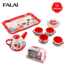 Kinder-Teeservice, Spielküchenset aus Metall – Buntes Blumenmuster – Rot – Unisex