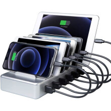 6-Port-USB-Multiladestation mit 6 kurzen Kabeln, Silber