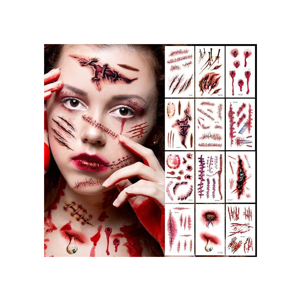 Aihontai Halloween Tattoos, 24 Sheets Of Temporary Scar Tattoos - Halloween Zombie Temporary Tattoo Stickers With Fake Blood