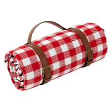 Strandmatte, für Camping im Freien, feuchtigkeitsbeständig, mit Aufbewahrungsgurten aus Leder, 150 x 200 cm, rot-weiß kariert