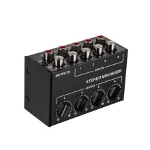 Mini-Stereo-Audiomixer mit 4-Kanal-Cinch-Eingängen, separaten Lautstärkereglern und Vollmetallgehäuse – 92