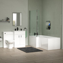 L-Shaped LH Shower Bath Floor Standing White Basin Vanity BTW Toilet