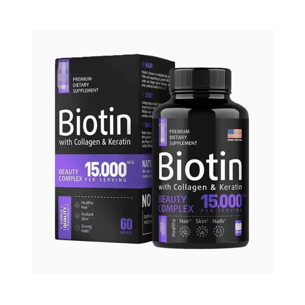 Biotin Beauty Complex 15000mcg Capsules, with Collagen & Keratin for Healthy Hair, Skin & Nails, 60 Capsules