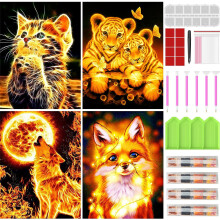 Diamantmalerei-Set, 4 Tiermotive: Katze, Tiger, Fuchs, Wolf, inklusive Zubehör (30x40cm)