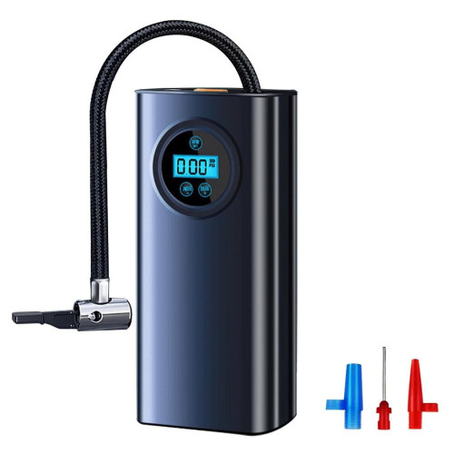 Bomba de ar a bateria, bomba de ar, compressor para pneus com visor LCD e 3 adaptadores de bico.