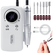 Professionele elektrische nagelfrees met 45.000 tpm, draagbaar, met lcd-display, 6 metalen polijstkoppen, wit