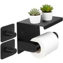 Selbstklebender Toilettenpapierhalter mit Ablage, Edelstahl, zur Wandmontage, mit 2 Klebehaken, schwarz, kein Bohren erforderlich.