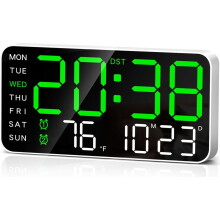 Relógio de parede digital grande de 9,5 polegadas, despertador LED com dígitos grandes, data, temperatura, horário de verão, 5 níveis d