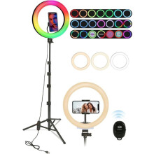 10-Zoll-Ringlicht mit Stativ, 3 weiße LEDs, 26 RGB-Farben, 8 Helligkeitsstufen, Gesamthöhe 180 cm